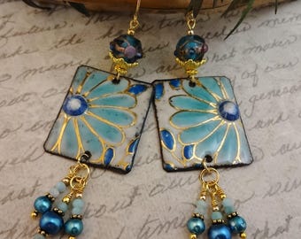 Artisan Blue Aqua White Enamel Flower Earrings, Lampwork Pearls Amazonite