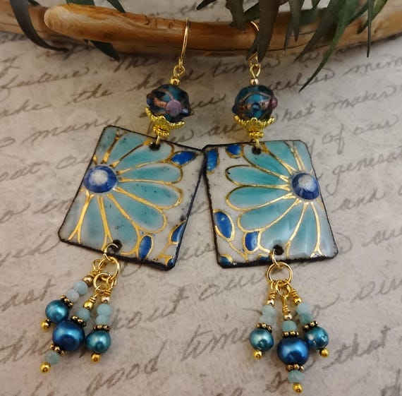 Artisan Blue Aqua White Enamel Flower Earrings, Lampwork Pearls Amazonite