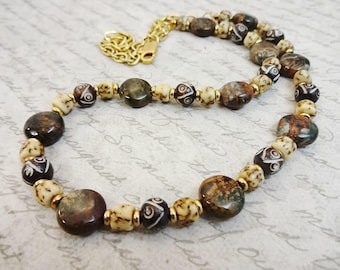 Boulder Opal, Carved Bone and Nut Necklace: Brown Chunky Gemstone Jewelry