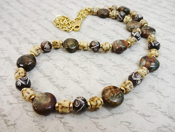 Boulder Opal, Carved Bone and Nut Necklace: Brown Chunky Gemstone Jewelry