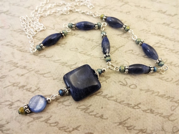 Sodalite Kyanite and Czech Firepolish Necklace, Dark Blue Gemstone Jewelry, Casual Every Day Necklace, Gift for Her