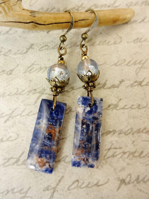 Natural Orange Sodalite Gemstone Earrings: with Foil Glass and French Hook Ear Wires