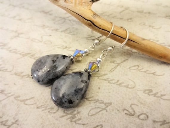 Larvikite Gemstone Earrings, Gray Black Gemstone Earrings, Black Labradorite and Swarovski Crystal Earrings, Gift for Her