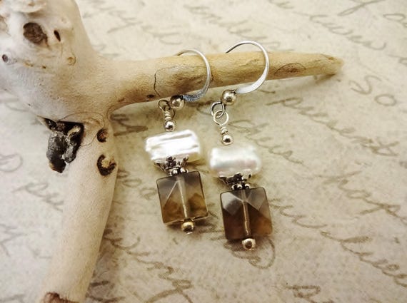 Smoky Quartz and White Biwa Pearl Earrings, Sterling Silver