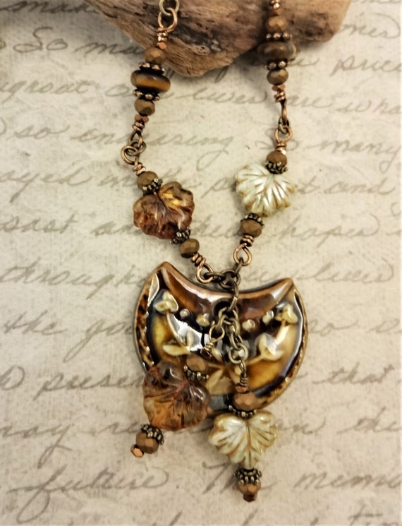 Brown and Tan Ceramic Necklace with Czech Glass Leaves and Rondelles on Antique Gold Chain, Gift for Her
