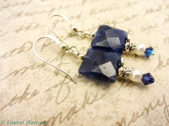 Sodalite and Pearl Earrings, Natural Blue Gemstone Earrings, Boho Earrings, Sterling Silver, Blue Earrings