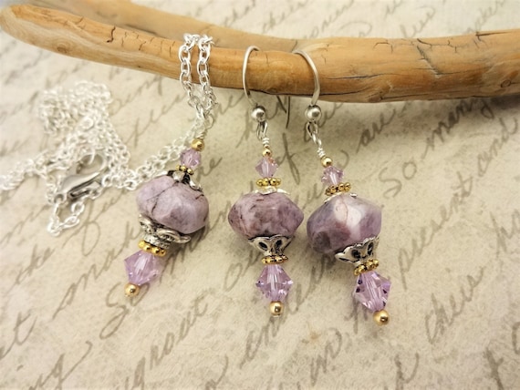 Charoite Nuggets and Swarovski Crystals with Silver and a Little Gold, Necklace and Earrings Set, Gift for Her