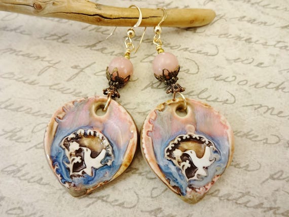 Bohemian Ceramic Bird Earrings: Rhodonite Artisan Jewelry