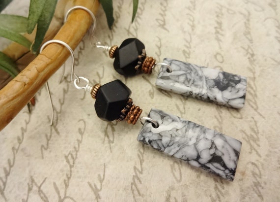 Black and White Stone Earrings, Black Onyx and Pinolith Earrings, Black and White Jewelry, Gift for Her, Gift for Mom