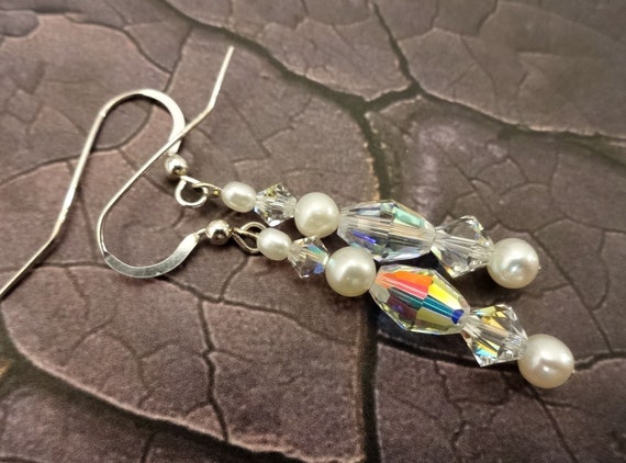 Swarovski Crystal, White Pearl Earrings, Bridal Earrings, Sterling Silver and Crystal Earrings, White Earrings, Crystal and Pearl Earrings