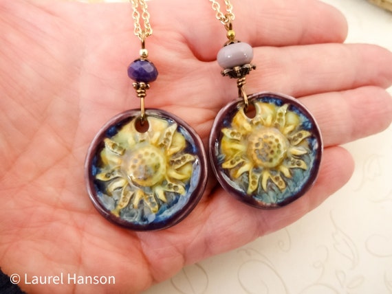 Purple and Gold Ceramic Sunflower Necklace on Gold Chain, Gift for Her, Gift for Mom