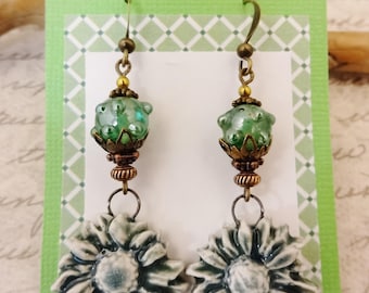 Shabby Chic Ceramic Flower Earrings: Green Lampwork Glass, Artisan Made