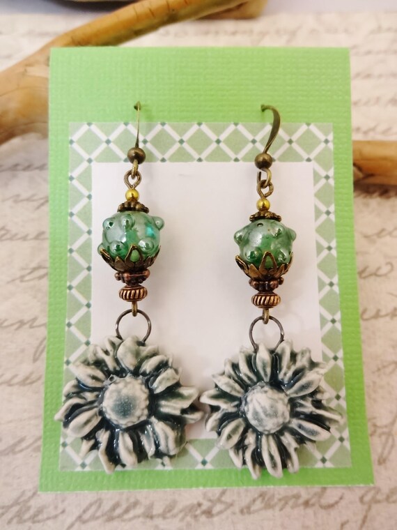 Shabby Chic Ceramic Flower Earrings: Green Lampwork Glass, Artisan Made