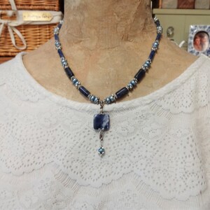 Sodalite and Light Blue Freshwater Pearls Necklace, Shades of Blue Jewelry, Sodalite Pendant Necklace image 3