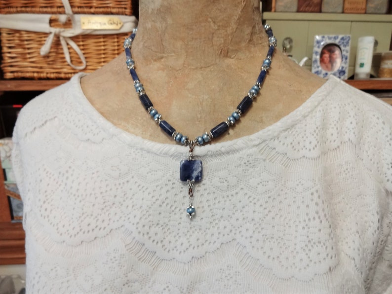 Sodalite and Light Blue Freshwater Pearls Necklace, Shades of Blue Jewelry, Sodalite Pendant Necklace image 3