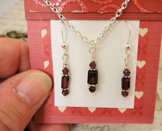 Dainty Garnet Necklace and Earrings Set, January Birthstone Jewelry, Gift for Her, Pendant Necklace on Silver Chain