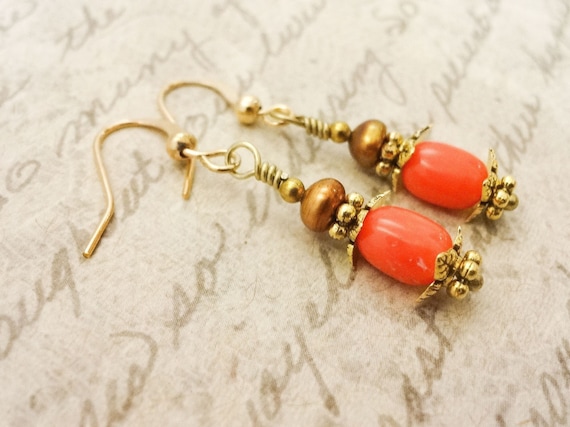 Peachy Coral and Gold Pearl Earrings, Short Dangle Earrings, Orange Gemstone Jewelry, Gift for wife, Gift for Mom