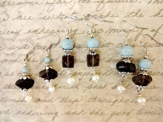 Amazonite, Smoky Quartz and White Pearl Earrings, Gemstone and Pearls Earrings, Gift for Her, Aqua White Brown