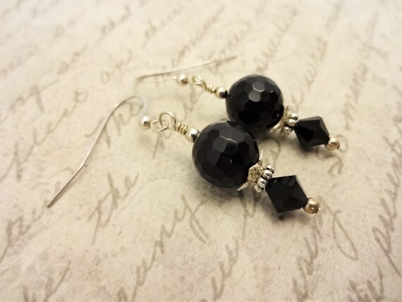 Black Onyx and Swarovski Crystal Earrings, Black Onyx and Sterling Silver Earrings, Gift for Wife, Gift for Her