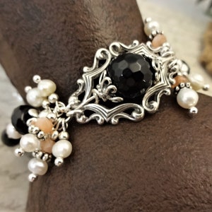Black Onyx Peach Moonstone Bracelet: Sterling Silver Filigree Pearl Dangles