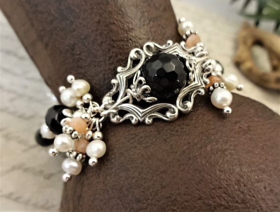 Black Onyx White Pearls and Peach Moonstone Bracelet With Silver Filigree, One of a Kind Jewelry, Gift for Her