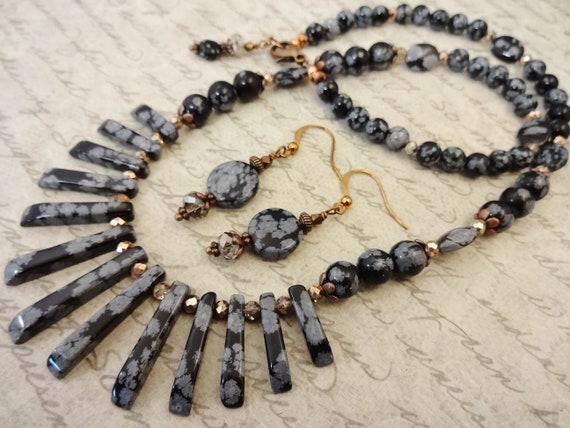 Snowflake Obsidian Jewelry Set, Necklace and Earrings Set, Black and Gray Gemstone Jewelry, Gift for Her