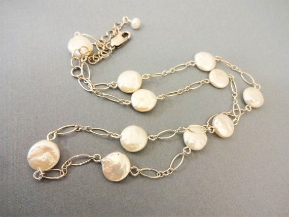 Bridal Jewelry, Wedding Necklace, Coin Pearl Necklace, Layering Necklace, Sterling Silver and White Coin Pearl Links