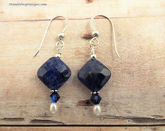 Sodalite Earrings, Blue Gemstone Earrings, Blue Stone Earrings, Stone and Pearls, Natural Blue Stone Earrings, Sterling Silver and Pearls