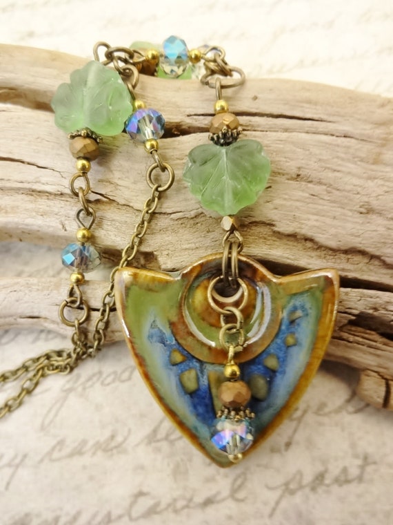 Green Blue and Brown Ceramic Pendant Necklace with Green Czech Maple Leaves and Firepolish Rondelles, Artisan Pendant, Gift for Her