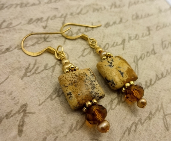 Picture Jasper Pearl and Czech Firepolish Earrings, Brown Gemstone Earrings, Jasper Earrings