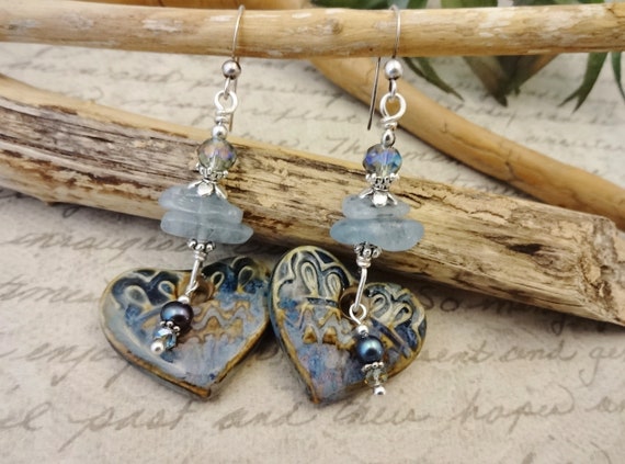 Artisan Ceramic Heart and Aquamarine Earrings, Blue and Purple Heart Earrings, One of a Kind Gift for Her