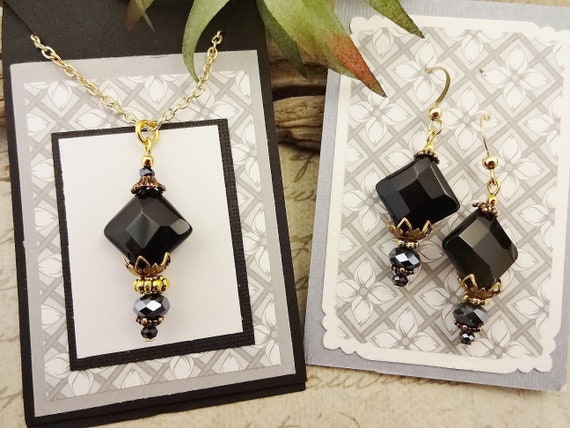 Black Onyx and Faceted Czech Firepolish Pendant Necklace and Earrings Set, Black and Gray Gemstone Jewelry