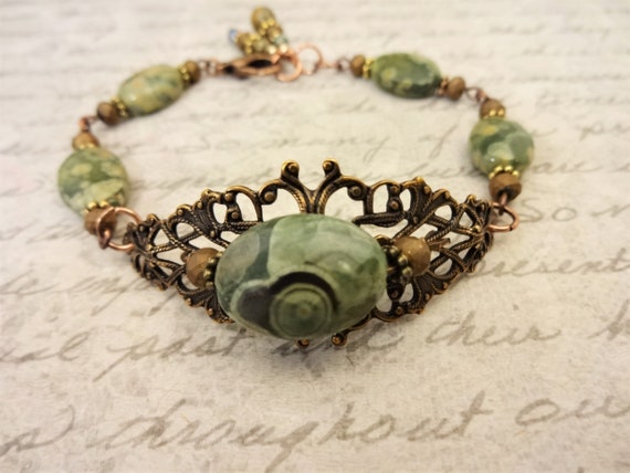 Ryolite and Antique Brass Filigree Victorian Style Bracelet, Vintage Inspired Jewelry, Cuff Style Bracelet, Rainforest Jasper