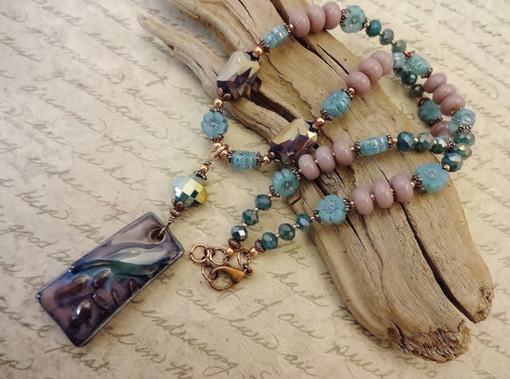 Artisan Ceramic Bird Pendant Necklace: Purple Aqua Czech Glass
