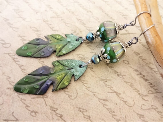 Blue and Green Artisan Enamel and Lampwork Earrings, One of a Kind Artisan Earrings, Boho Feather Leaf Earrings