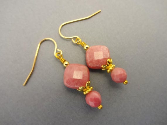 Rhodonite Gemstone Dangle Earrings: Rose Pink Jewelry