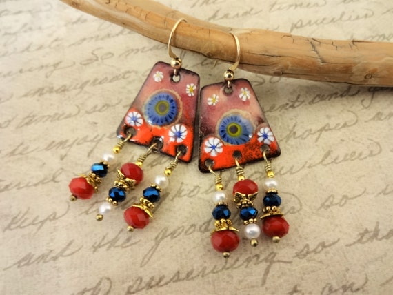 Red Blue and White Artisan Enamel Earrings, One of a Kind Artisan Earrings, Red and Blue Earrings, Boho Earrings
