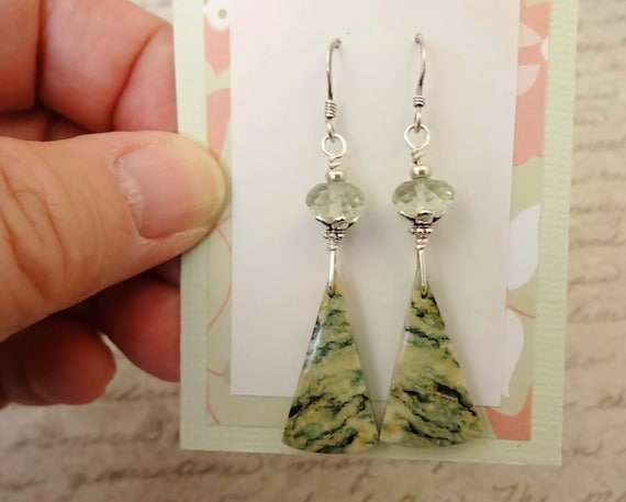 Triangle Stone Earrings, Green Mariposa Jasper and Green Amethyst Earrings, Green Gemstones, Gift for Her