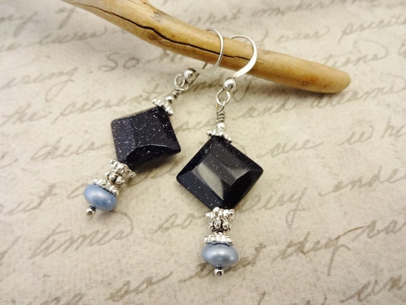 Blue Stone and Light Blue Pearl Earrings, Blue Goldstone and Pearl Earrings, Everyday Earrings, Handmade Earrings