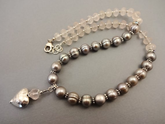 Rose Quartz and Gray Pearls Necklace, Gemstone and Pearls Jewelry, Pastel Stone Necklace, Gift for Her