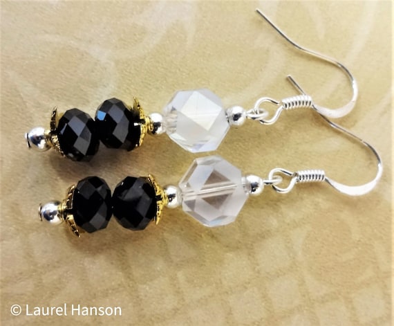 Black Onyx and Quartz Crystal Earrings, Black Onyx, Clear Quartz Crystal and Silver Earrings, Gift for Wife, Gift for Her