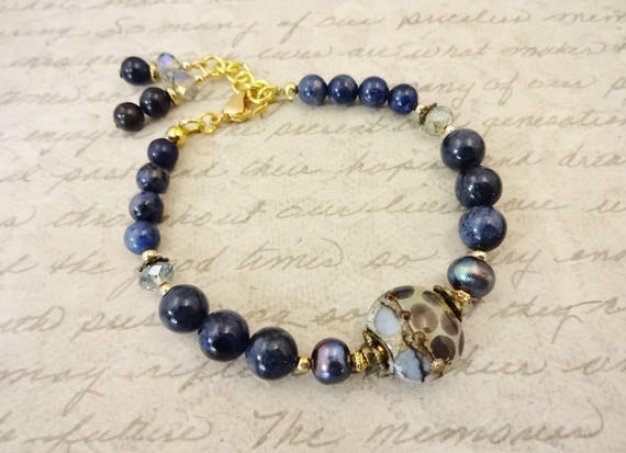 Artisan Lampwork and Stone Bracelet: Dumortierite & Pearl Gemstone Jewelry