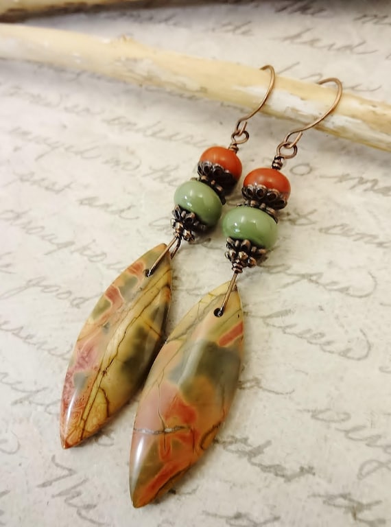 Red Creek Jasper Earrings: Rustic Boho Designer Jewelry, Red Jasper and Lampwork