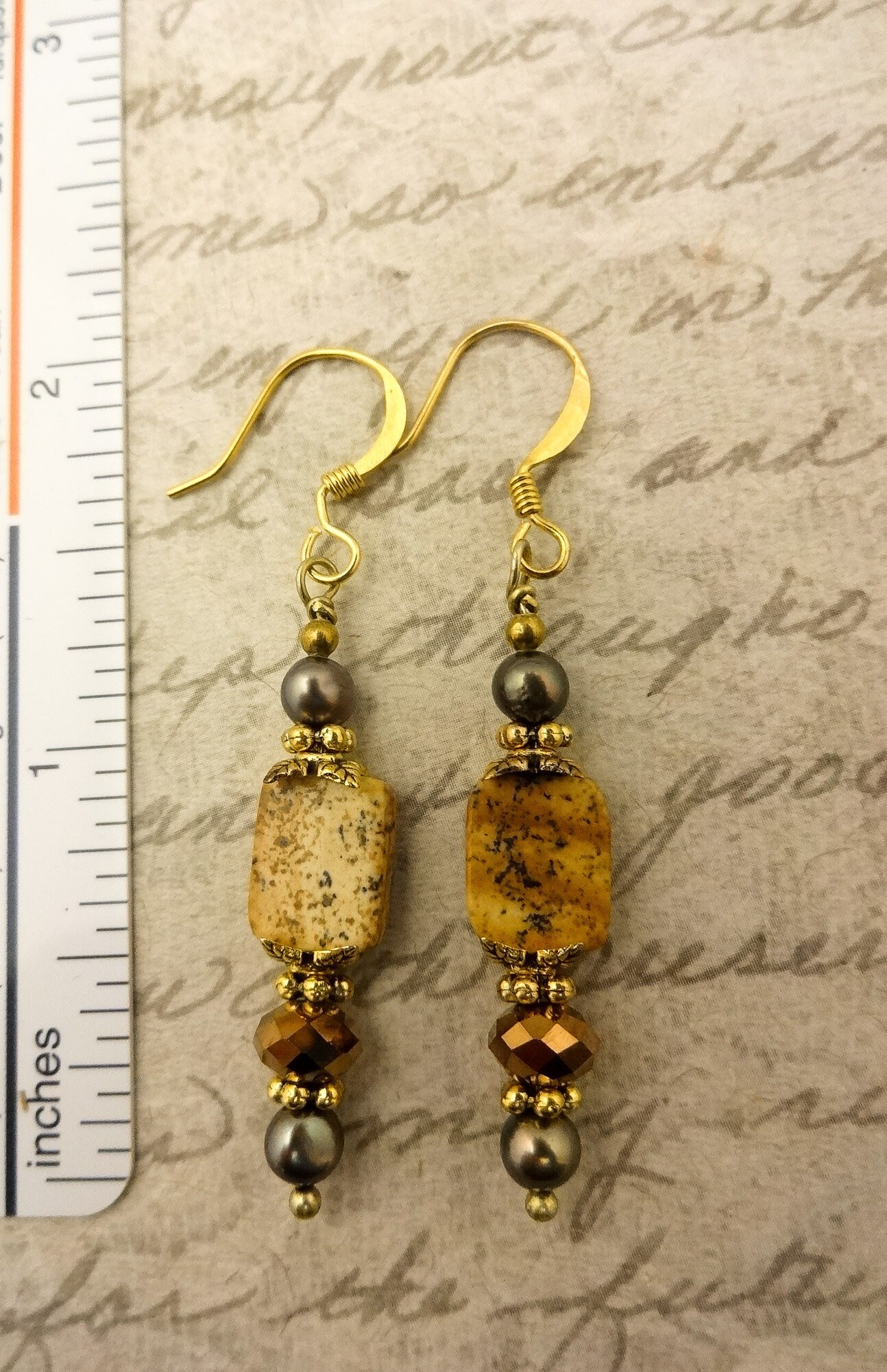 Picture Jasper and Pearl Earrings, Brown Gemstone Earrings, Jasper