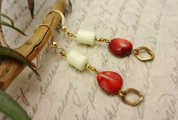 Red and Green Boho Earrings, Lemon Chrysoprase and Red Coral Dangle Earrings, Gift for Her