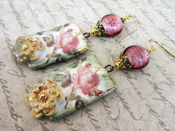 Artisan Porcelain Flower Earrings, Pink Yellow White Gold