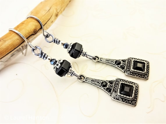 Black Onyx and Silver Metal Dangle Earrings, Black Earrings, Unique Black Onyx Jewelry, Gift for Mom, Gift for Her