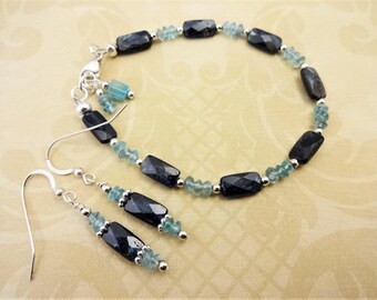 Apatite Gemstone Bracelet and Earrings Set: Sterling Silver, Blue Jewelry
