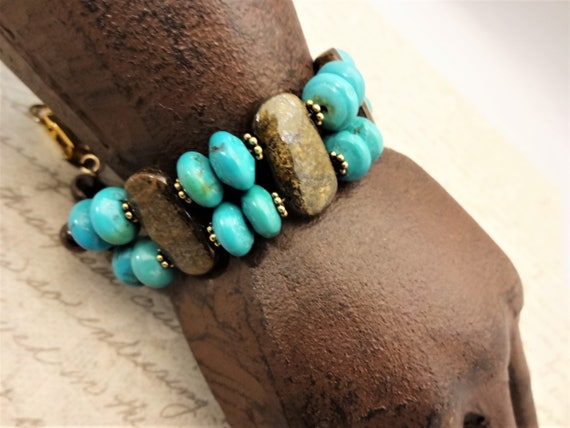 Turquoise and Bronzite Bracelet, Turquoise 2 Strand Bracelet, Turquoise and Brown Gift for Her, Gift for Mom