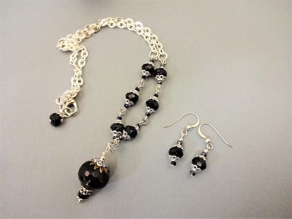 Black Onyx and Czech Firepolish Necklace and Earrings Set, Black Gray and Silver Gemstone Jewelry Set, Gift for Her